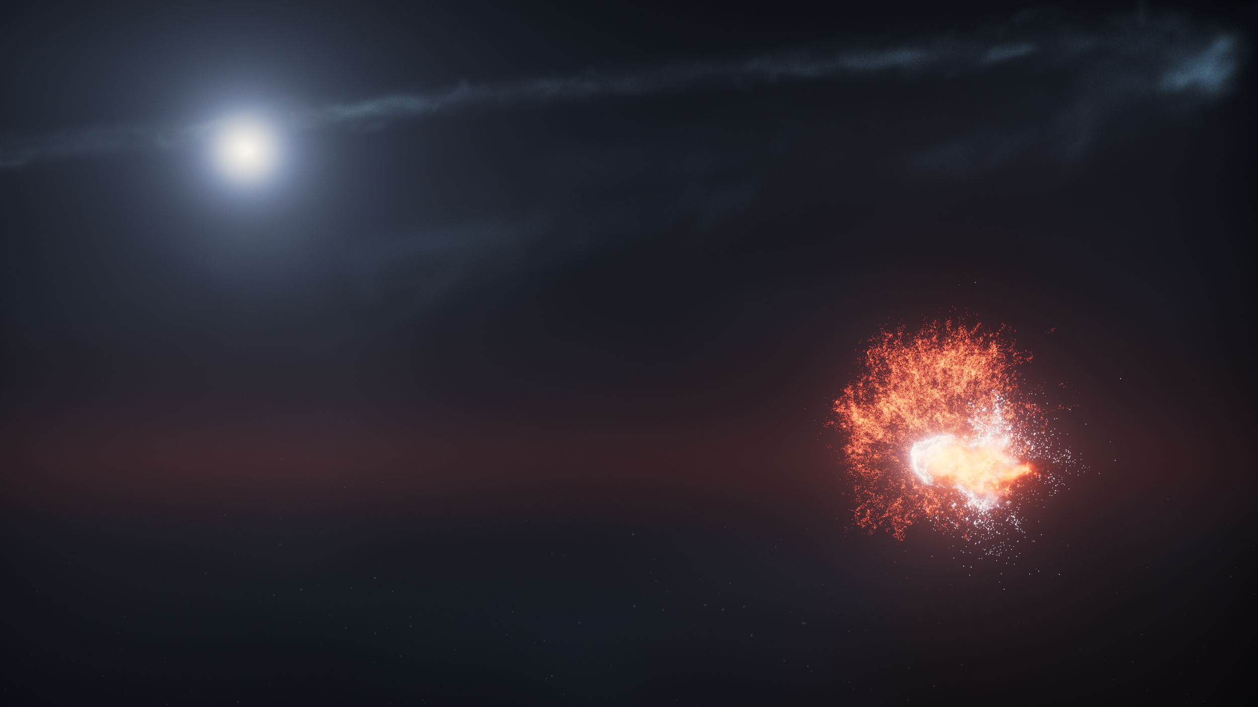 Ilustración artística de la violenta colisión entre dos grandes cuerpos en órbita alrededor de Fomalhaut, un choque que genera una nube de escombros observable a gran distancia.