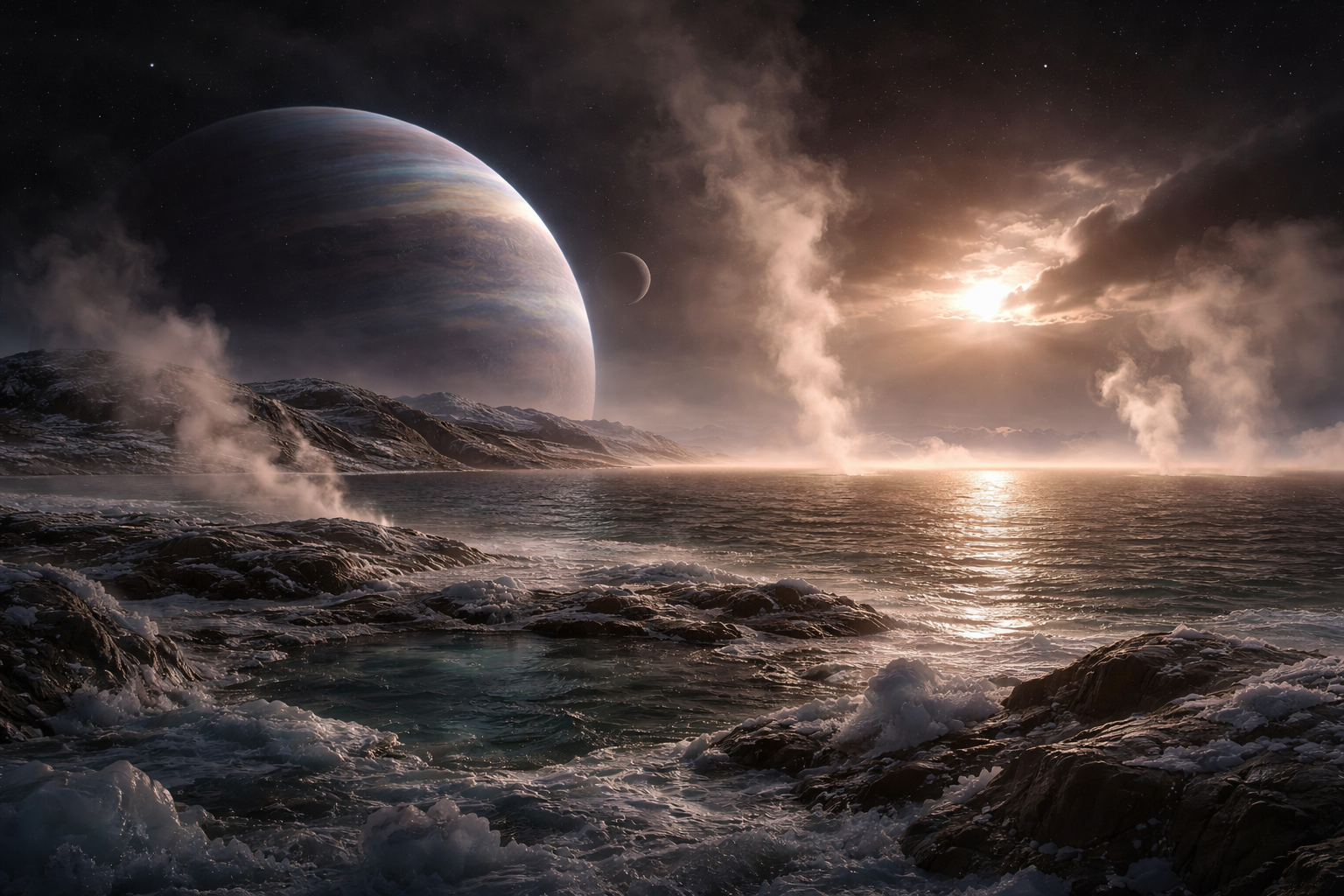 Ilustración artística de la superficie de una exoluna potencialmente habitable orbitando un planeta gigante errante.