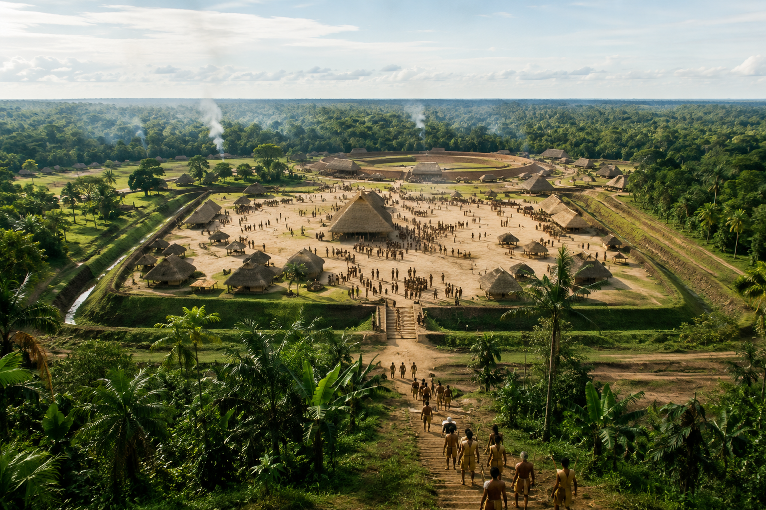Recreación artística de un gran centro ceremonial de la civilización Aquiry en plena Amazonia.