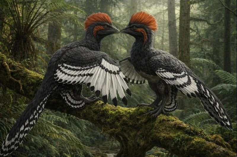 Ilustración científica de Anchiornis huxleyi. Recreación de una pareja de este pequeño dinosaurio emplumado del Jurásico tardío, que vivió hace unos 160 millones de años en los bosques del noreste de China.