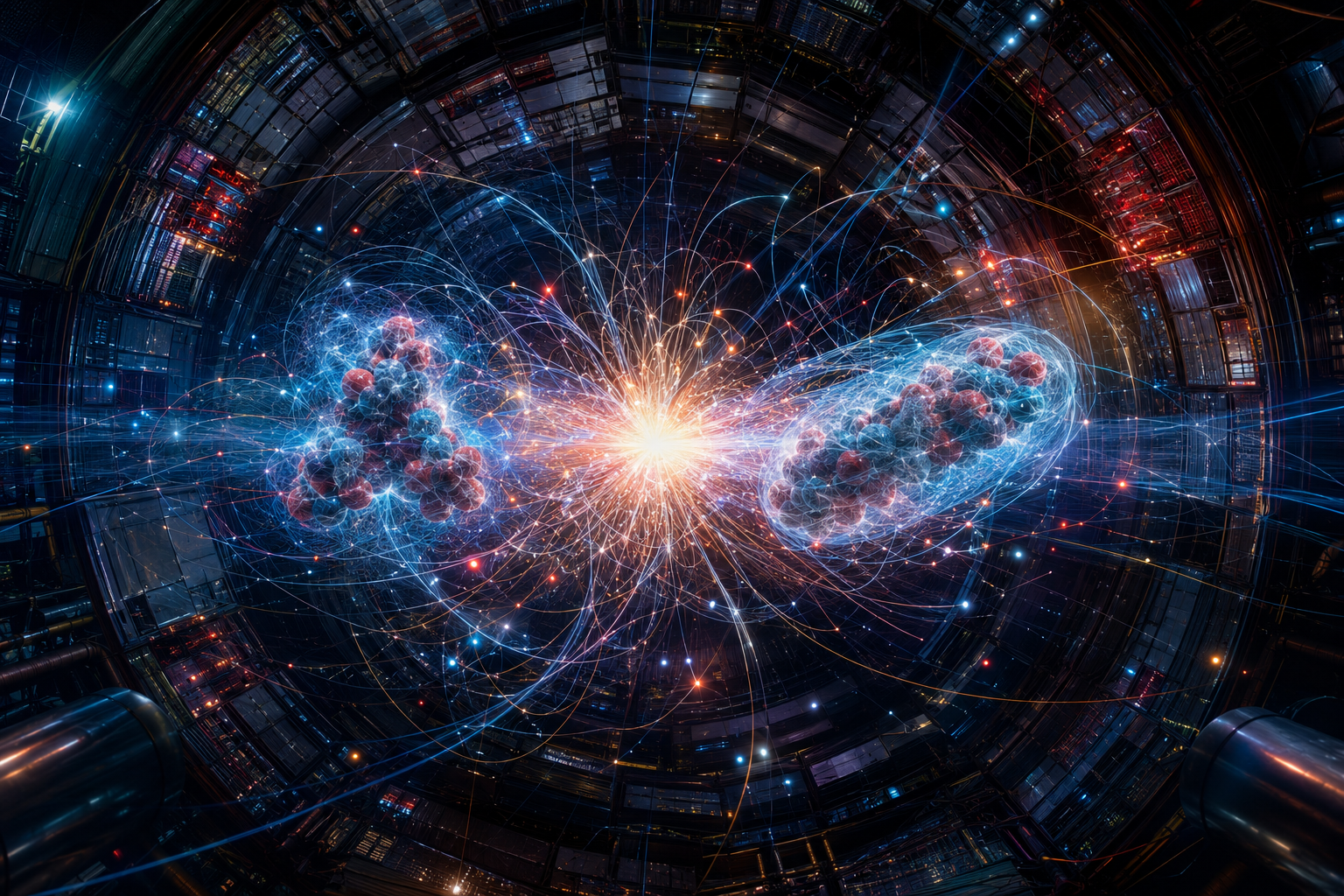 Recreación artística de una colisión de iones en el LHC: las trayectorias de las partículas permiten reconstruir la geometría compacta del oxígeno-16 y la estructura más alargada del neón-20.