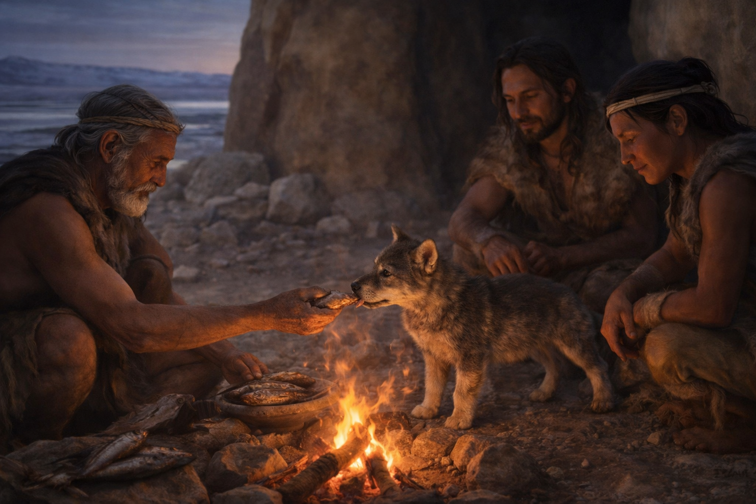 Recreación artística de un grupo humano del Paleolítico compartiendo alimento con un cachorro, en una escena que ilustra cómo los primeros perros ya convivían estrechamente con las personas hace más de 16.000 años.