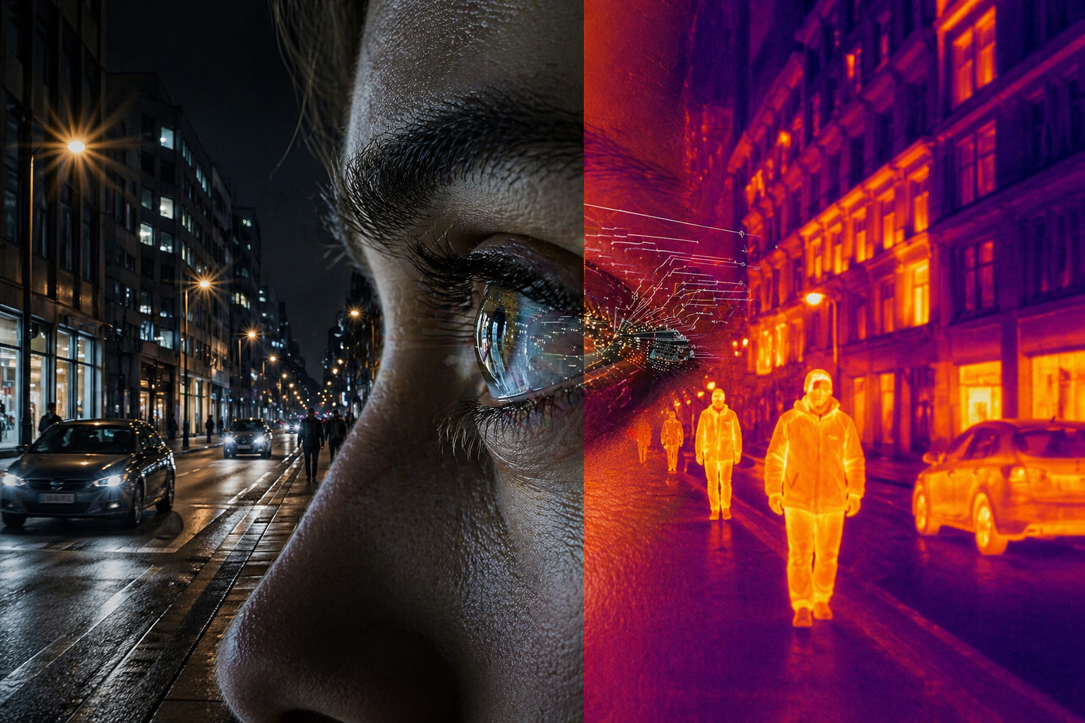 Doble visión: la retina artificial superpone la percepción natural con la infrarroja, permitiendo detectar el calor de personas y objetos en el mismo escenario.