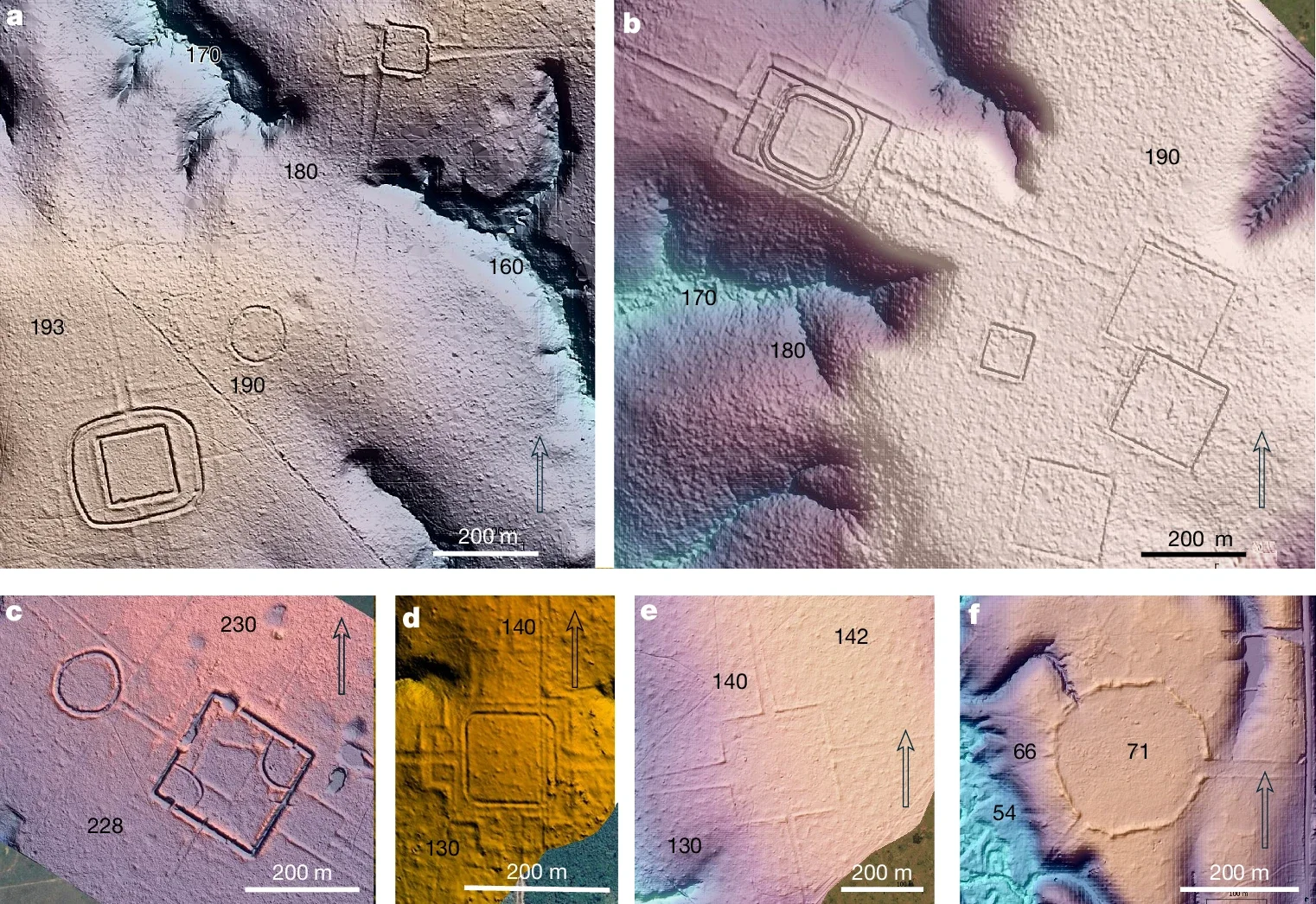 Modelos digitales del terreno obtenidos mediante tecnología LiDAR que muestran varios geoglifos de la civilización Aquiry ocultos bajo la selva amazónica.