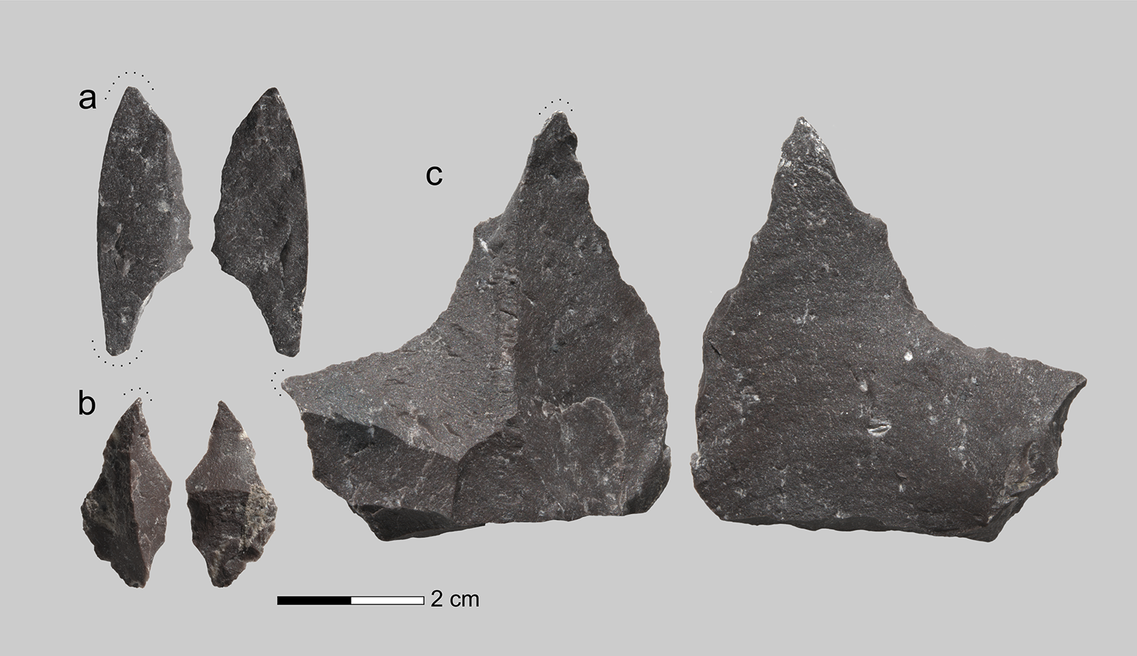 Puntas retocadas y perforadores de piedra hallados en la capa 6c/2 de la cueva de Chagyrskaya, en Siberia. Los investigadores creen que herramientas similares pudieron utilizarse para perforar y limpiar la caries del molar neandertal Chagyrskaya 64.
