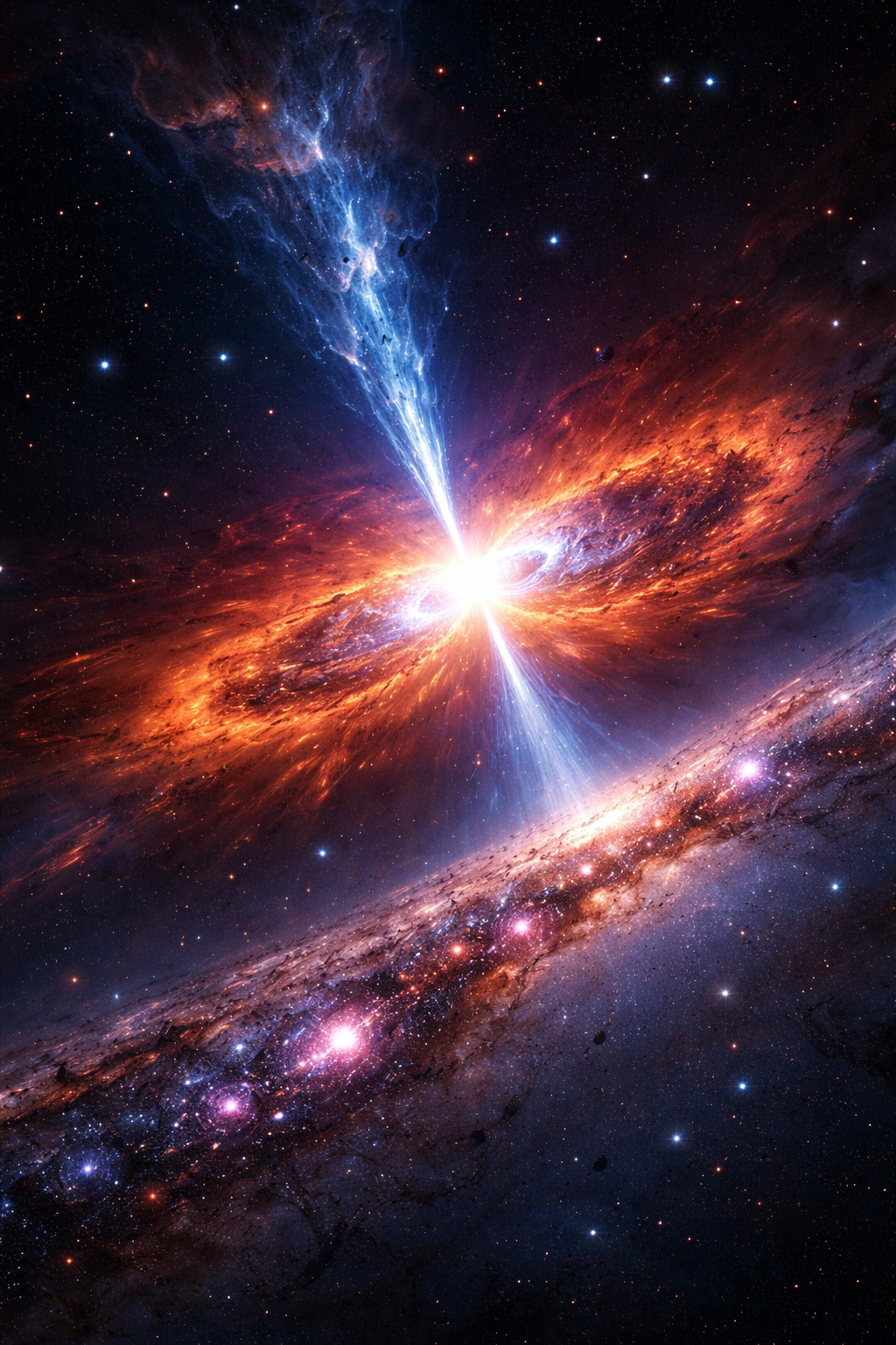 Ilustración artística del estallido GRB 230906A: la fusión de dos estrellas de neutrones libera un potente chorro de rayos gamma y una kilonova, forjando elementos pesados como el oro en el universo.