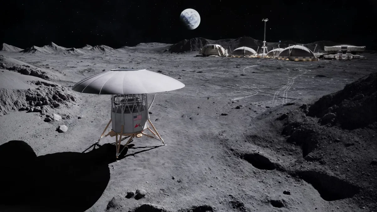 Ilustración de un reactor de fisión de Antares en la superficie lunar. Esta tecnología podría suministrar electricidad a futuras bases incluso durante los periodos de oscuridad.