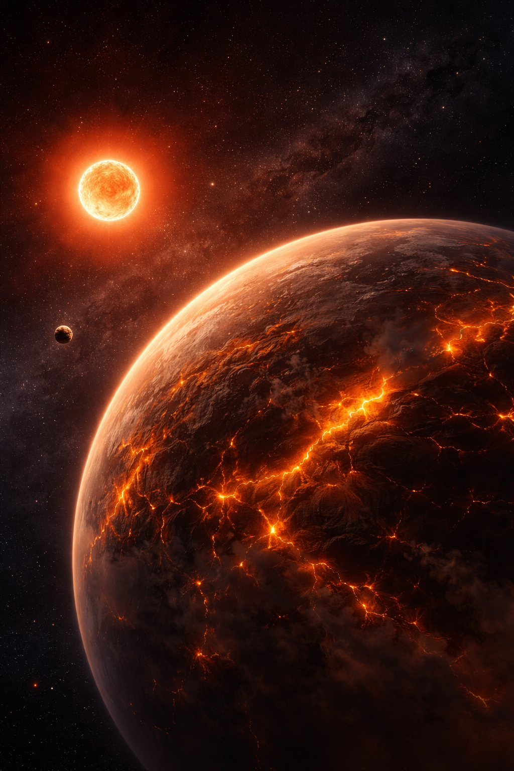 Recreación artística de L 98-59 d, un exoplaneta posiblemente cubierto por un océano global de magma, orbitando una enana roja y envuelto en una atmósfera rica en compuestos de azufre.