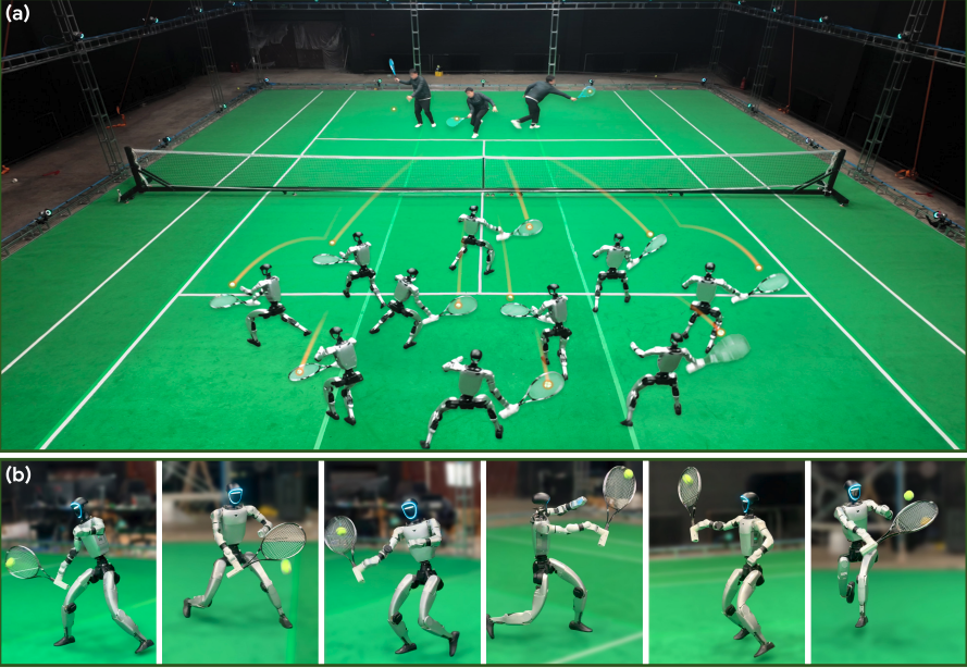 El robot humanoide ejecuta intercambios de varias jugadas con un jugador humano, adaptando distintos golpes según la posición en pista (izquierda), y responde a pelotas lanzadas a gran velocidad con movimientos coordinados y precisos (derecha).