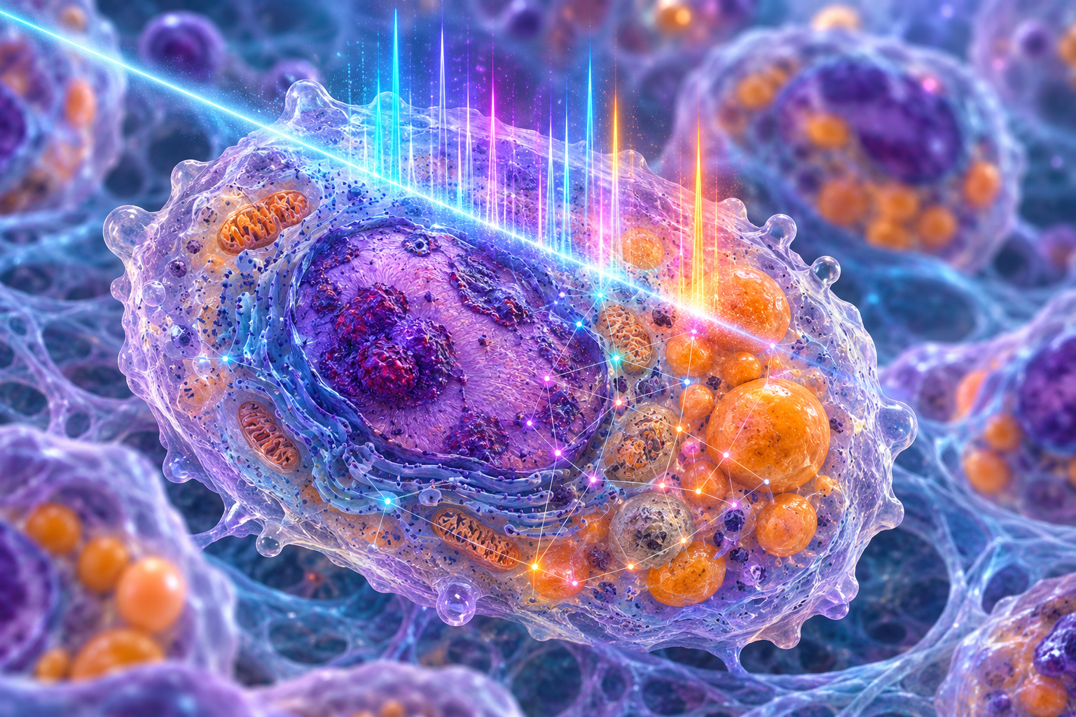 RamanOmics: un haz de luz analiza una «célula zombi» mientras las bandas espectrales muestran señales asociadas a lípidos, proteínas y otras moléculas que la inteligencia artificial utiliza para distinguirla de las células normales.