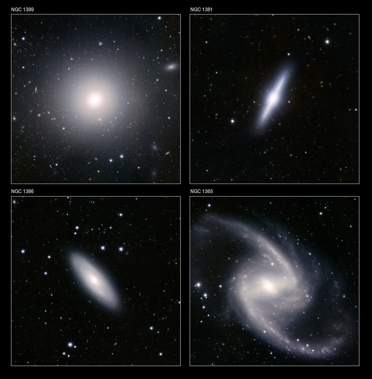 Cuatro rostros del cúmulo de galaxias de Fornax observados en luz infrarroja por el telescopio VISTA