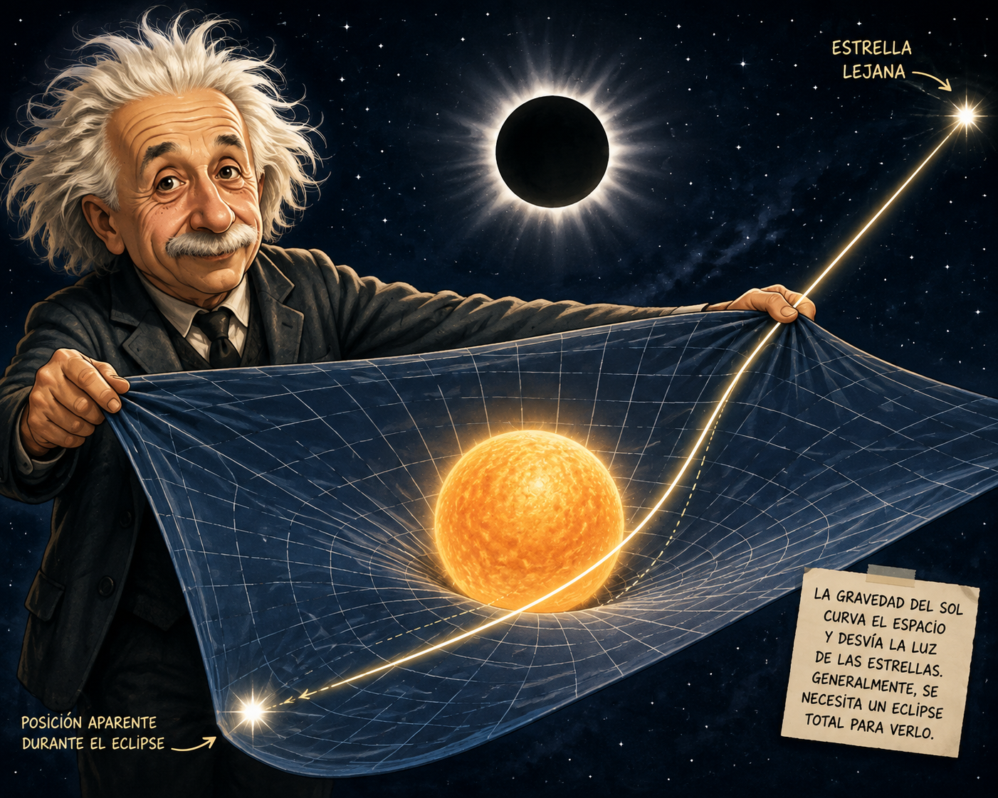 Ilustración conceptual del experimento de 1919: la gravedad del Sol curva el espacio-tiempo y desvía la luz de las estrellas, una predicción de Albert Einstein que fue confirmada durante un eclipse total de Sol.