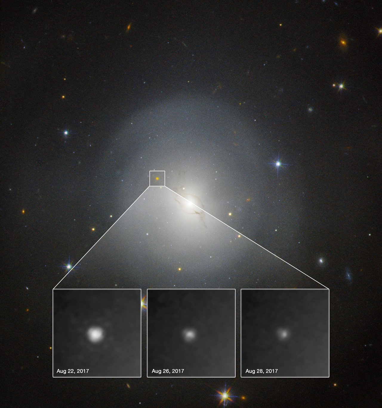 El telescopio espacial Hubble captó cómo se apagaba una kilonova en la galaxia NGC 4993, producida por la fusión de dos estrellas de neutrones detectada en 2017 mediante ondas gravitacionales