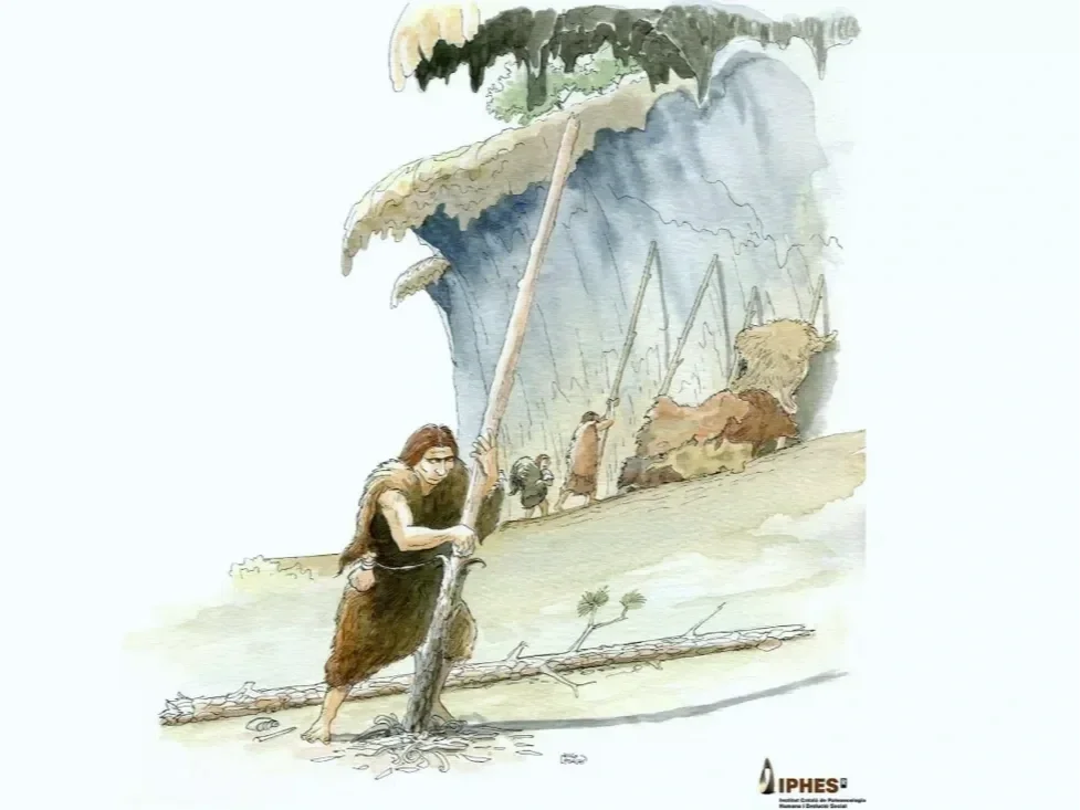 Recreación del uso de postes de madera para sostener pieles en un abrigo neandertal.