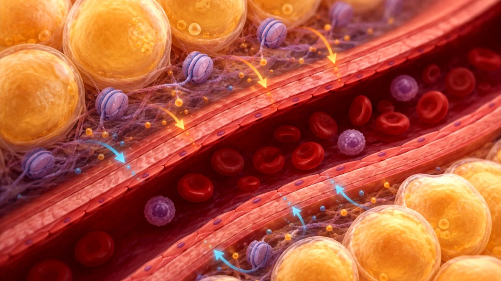 Ilustración que muestra la comunicación química entre la grasa perivascular (amarillo) y la pared de un vaso sanguíneo (rojo).