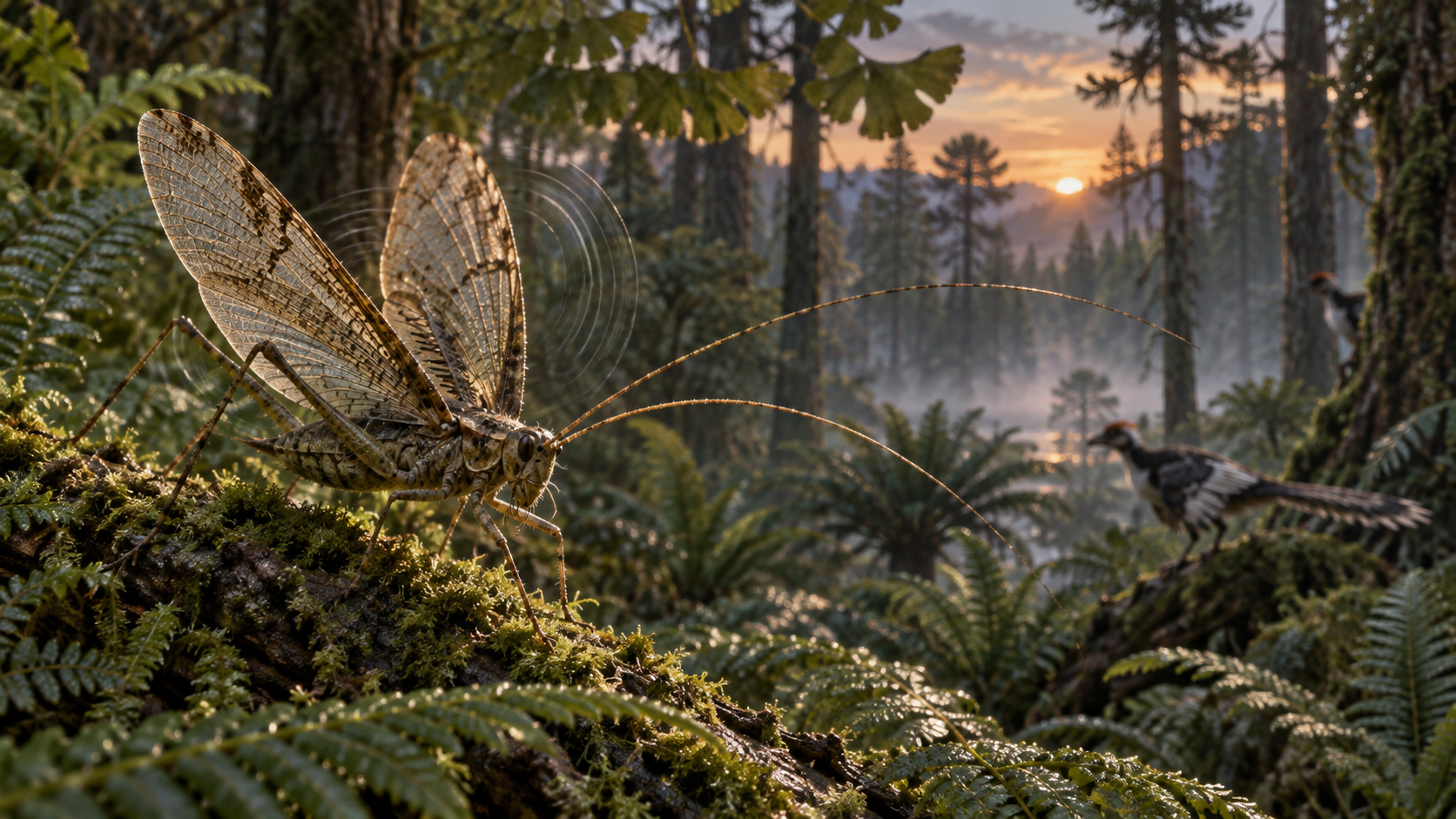 Recreación artística de un insecto ensífero estridulando en un bosque del Jurásico medio, mientras pequeños dinosaurios emplumados se mueven entre la vegetación.