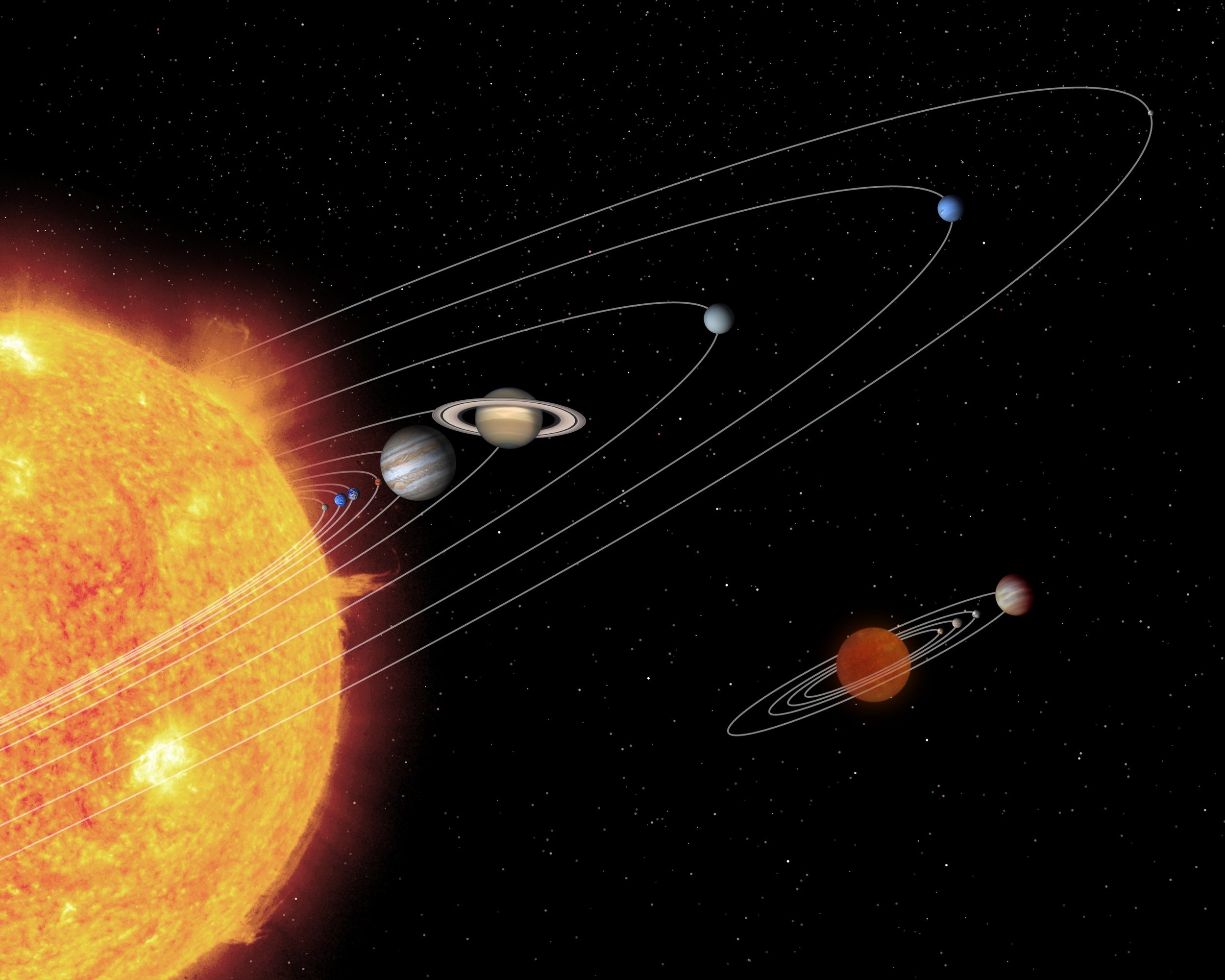 Esta ilustración compara el tamaño del Sistema Solar con un sistema hipotético alrededor de una enana marrón. Al igual que en nuestro vecindario cósmico, la gravedad organiza la materia en órbitas estables.
