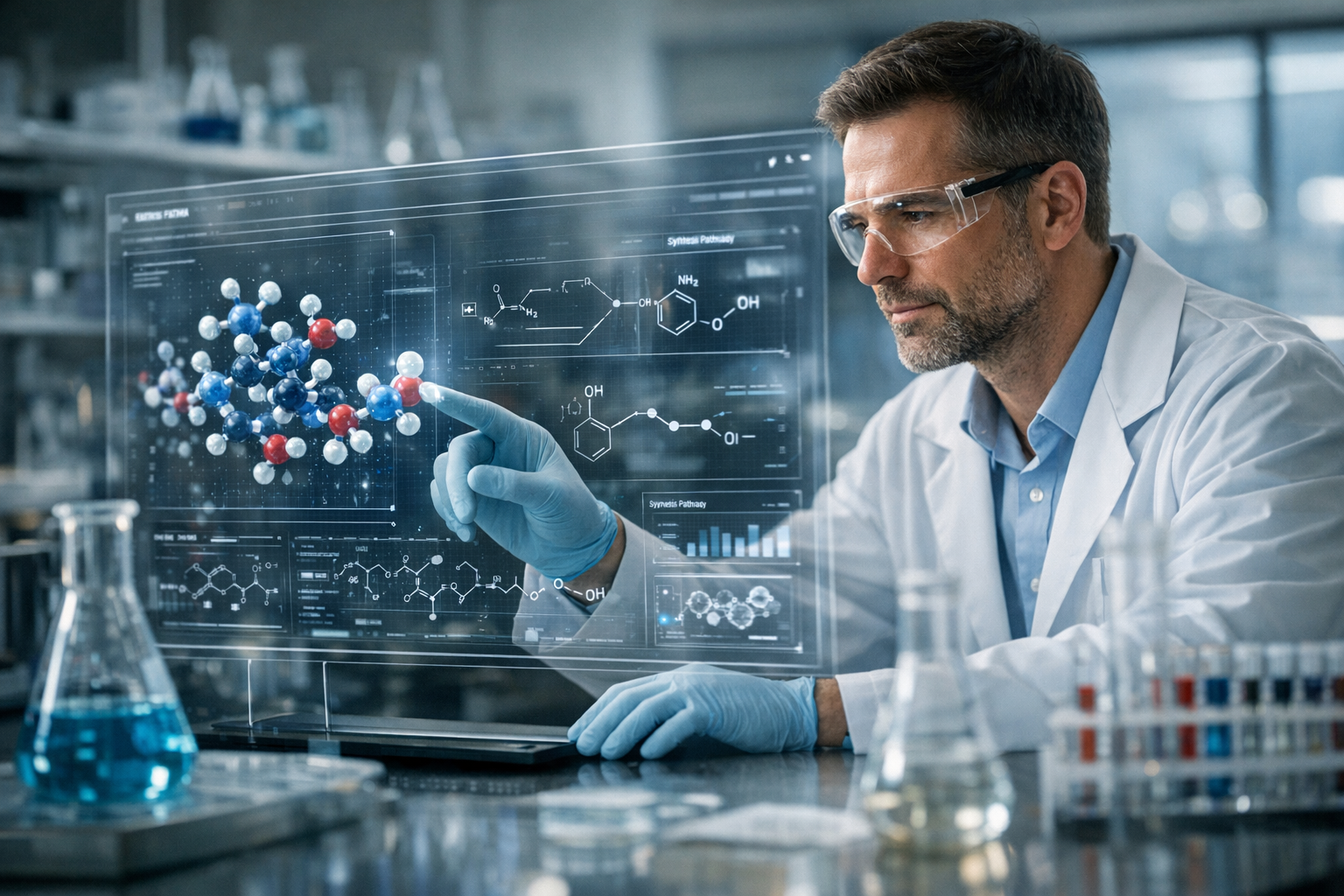 Imagen artística de un químico analizando modelos moleculares generados por IA en pantalla, reflejando el nuevo papel de estos sistemas como asistentes que evalúan reacciones y optimizan el diseño de compuestos.