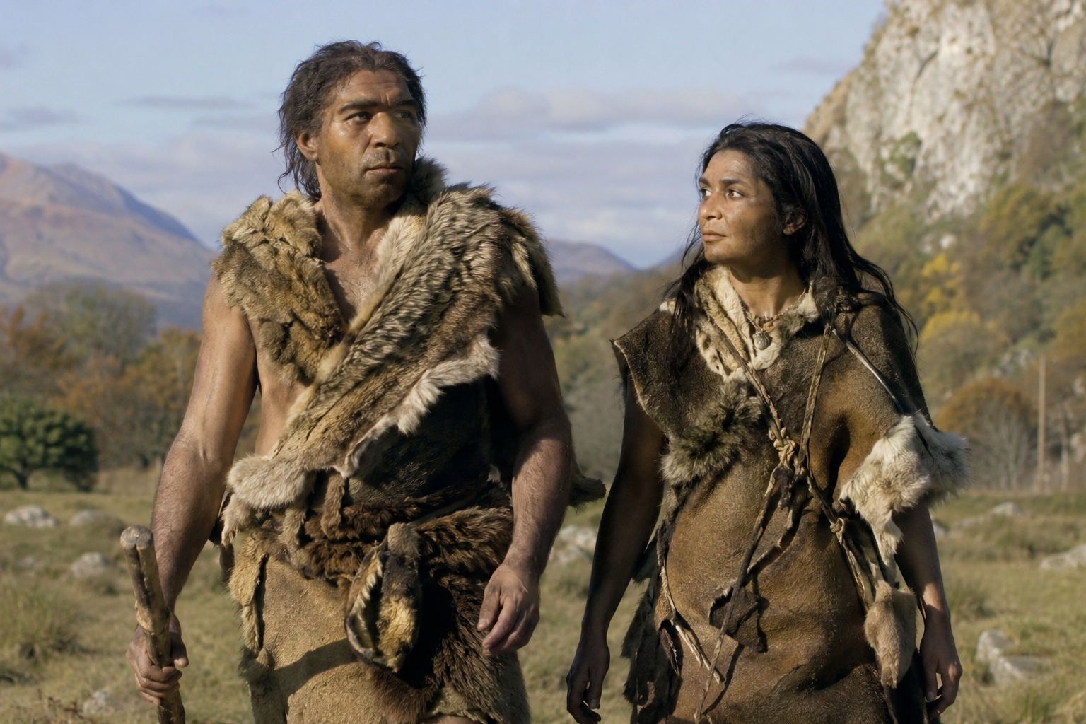 Reconstrucción artística de un hombre de Homo erectus y una mujer denisovana caminando juntos en Asia durante el Pleistoceno medio, una época en la que ambas poblaciones humanas pudieron coexistir e incluso intercambiar genes