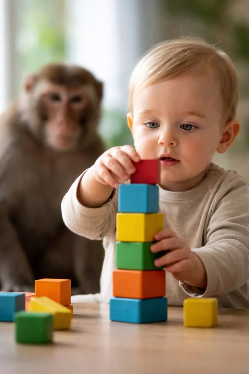 Mientras un bebé humano explora y aprende construyendo una torre de bloques, un macaco observa desde el fondo.