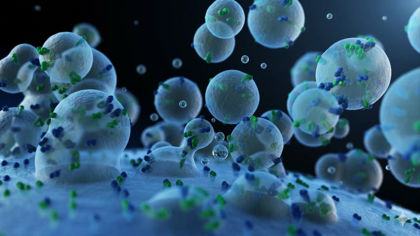 Ilustración de vesículas extracelulares, diminutas partículas liberadas por las células que transportan señales biológicas y pueden activar procesos de regeneración del cartílago.