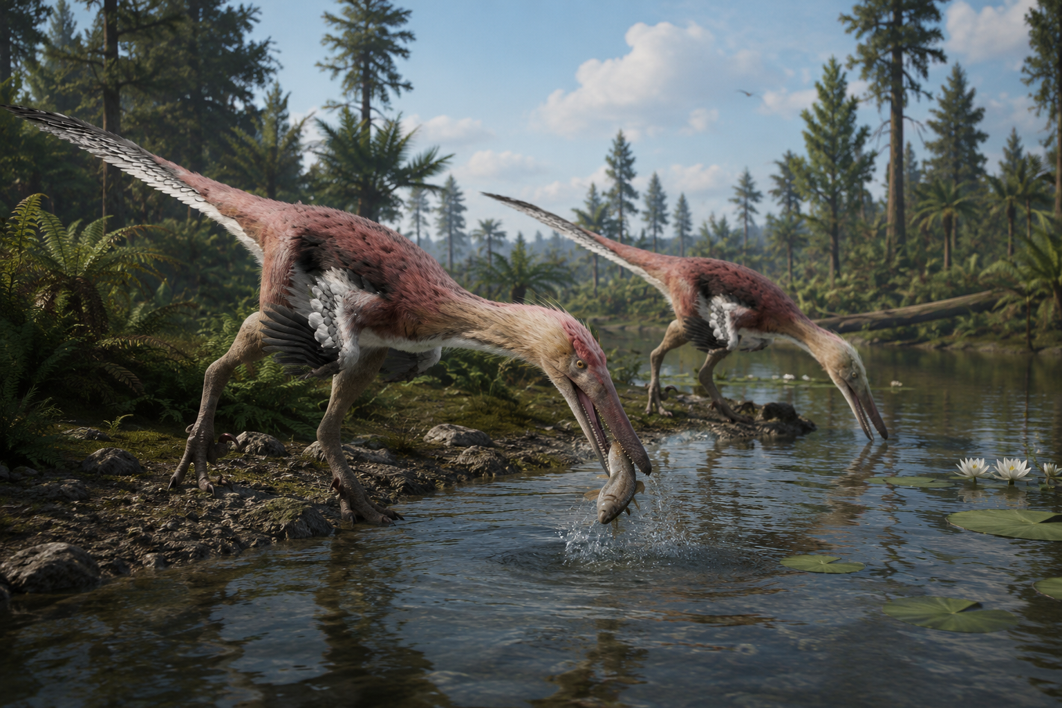 Reconstrucción artística de una pareja de Kank australis pescando en un río de la Patagonia hace 70 millones de años.