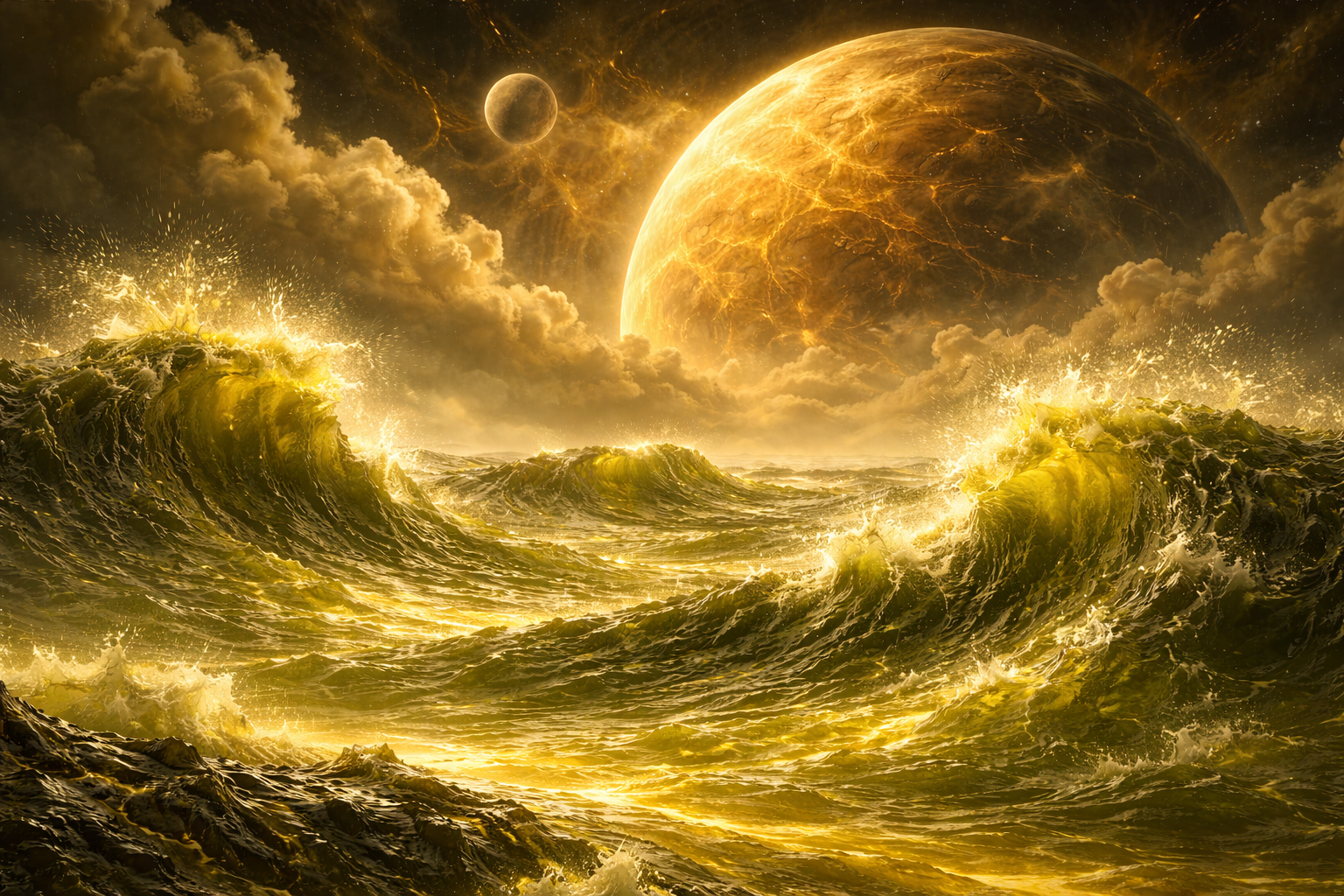 Olas de ácido sulfúrico iluminadas por una atmósfera densa y dorada en Kepler-1649 b, un exoplaneta extremo donde el viento apenas logra agitar su superficie corrosiva.