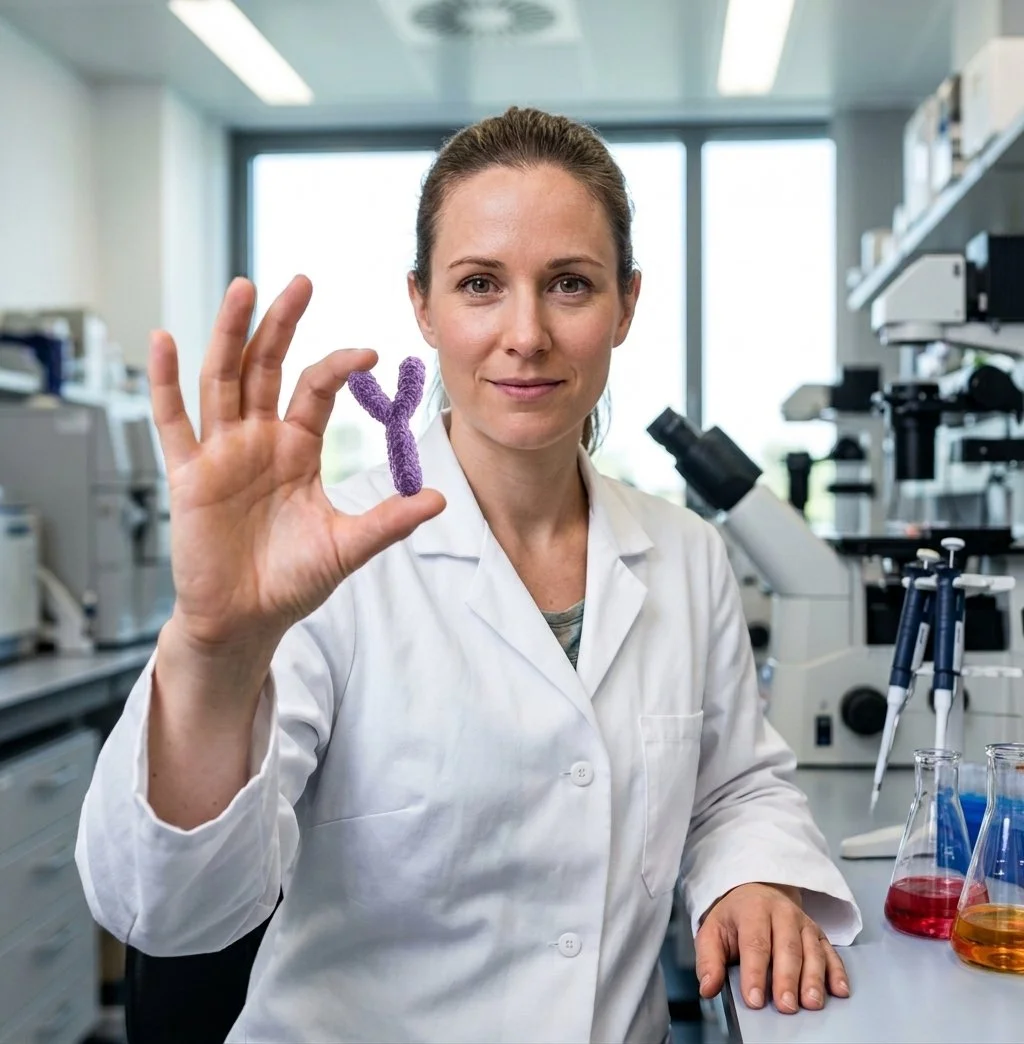Imagen conceptual de una investigadora sosteniendo una representación del cromosoma Y, cuya pérdida en algunas células masculinas podría convertirse en una señal temprana de la formación de cáncer.
