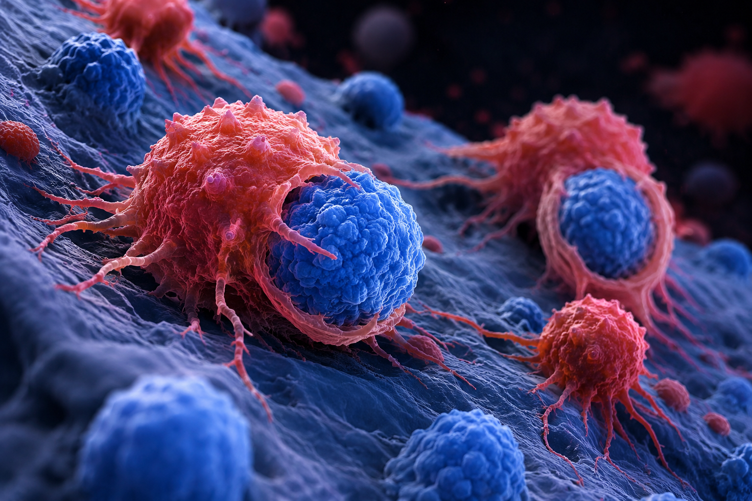 Ilustración artística de macrófagos modificados genéticamente (rojo) atacando células de cáncer de mama (azul). E