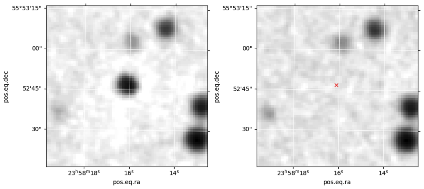 Comparación de dos placas astronómicas tomadas con unos 30 minutos de diferencia: el destello aparece claramente en la imagen de la izquierda y desaparece en la derecha (marcado con una cruz), evidenciando su naturaleza fugaz.