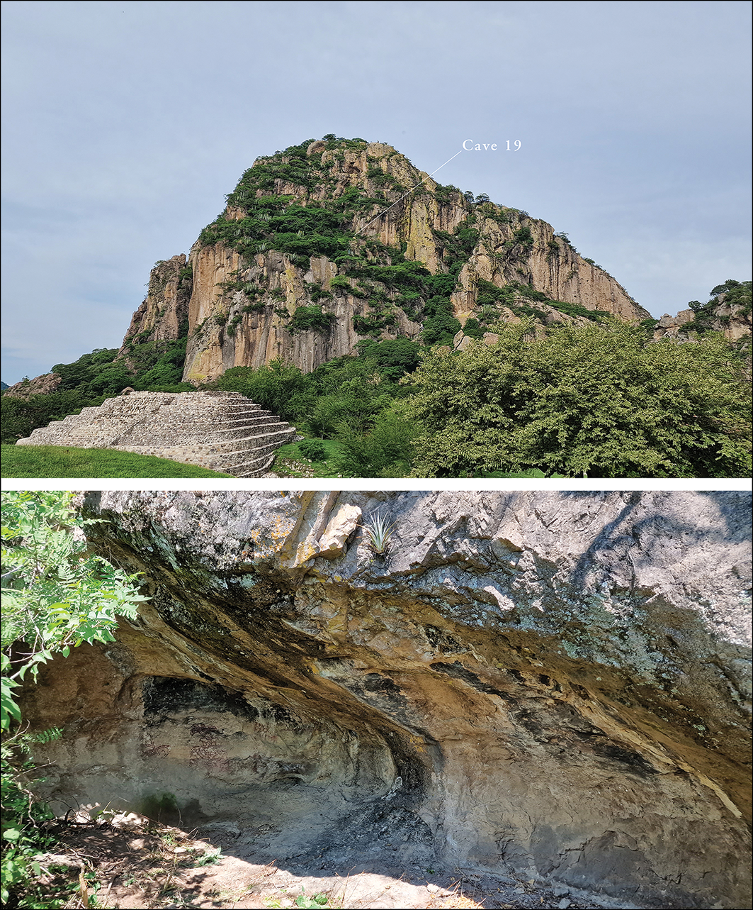 Arriba, la cara occidental del Cerro Delgado señala la ubicación de la cueva 19. Abajo, los glifos pintados al fondo del abrigo y, sobre ellos, las manchas negras dejadas por el fuego.