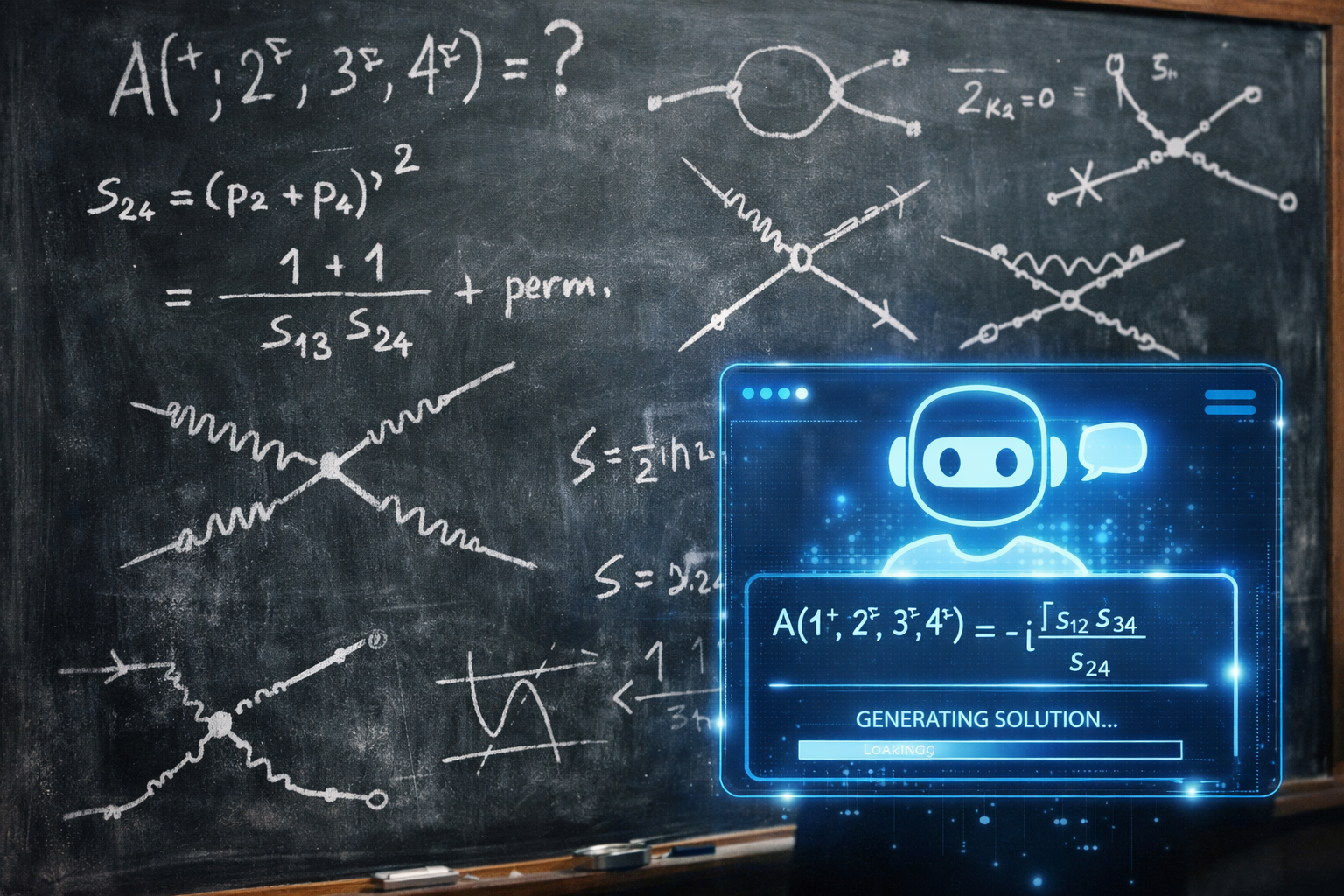 Una interfaz de inteligencia artificial sugiere fórmulas sobre una pizarra llena de diagramas de Feynman y ecuaciones: la IA entra en el corazón matemático de la física de partículas.