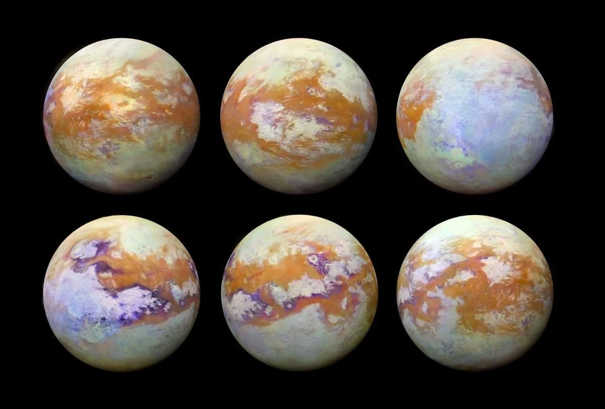 Seis imágenes infrarrojas de Titán, obtenidas a partir de datos recopilados durante toda la misión Cassini, muestran cómo es la superficie de la luna bajo su atmósfera brumosa y rica en metano.