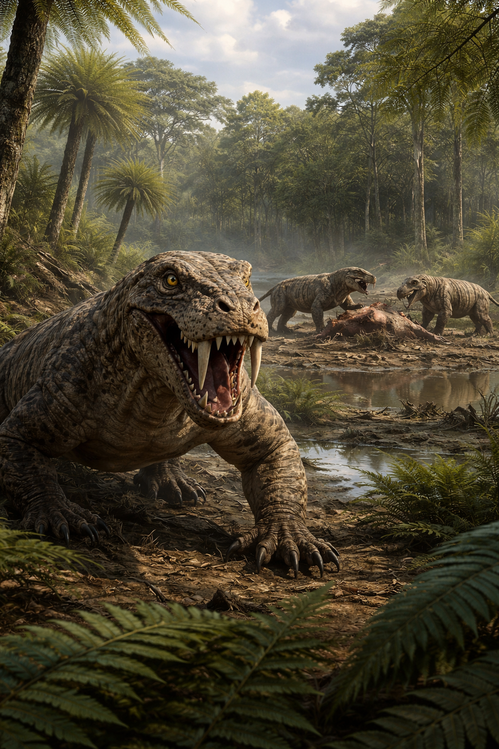 Recreación artística de Jirahgorgon ceto, un gran depredador del Pérmico medio, en un ecosistema de la actual Sudáfrica hace 265 millones de años, donde ya dominaban los primeros cazadores terrestres especializados