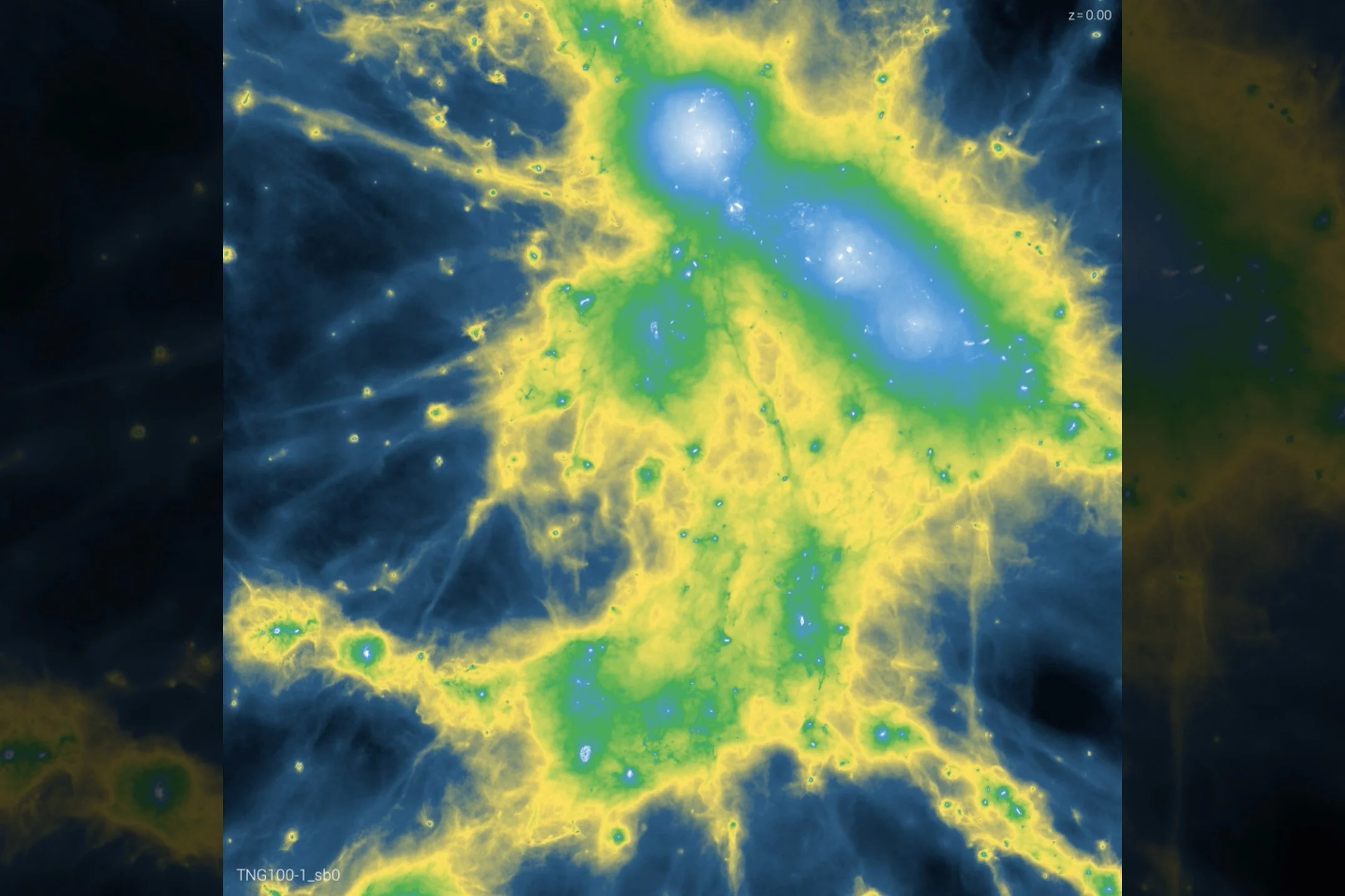 Recreación basada en la simulación IllustrisTNG que muestra cómo el gas difuso (azul, verde y amarillo) envuelve a las galaxias (puntos blancos).