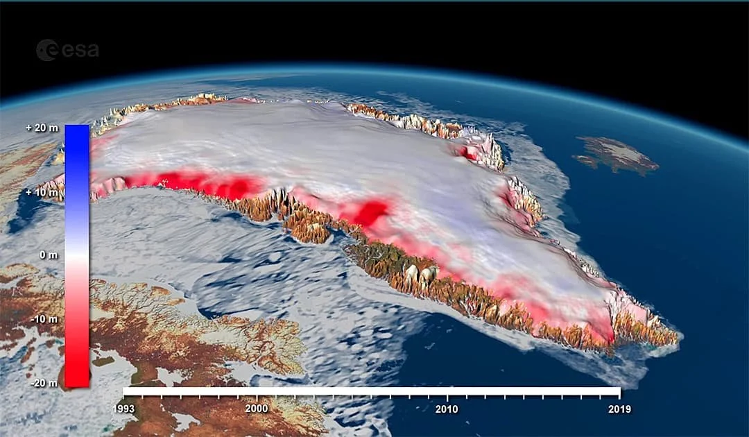 Visualización satelital de los cambios en el espesor de la capa de hielo de Groenlandia: las zonas rojas indican las mayores pérdidas, de hasta 20 metros.