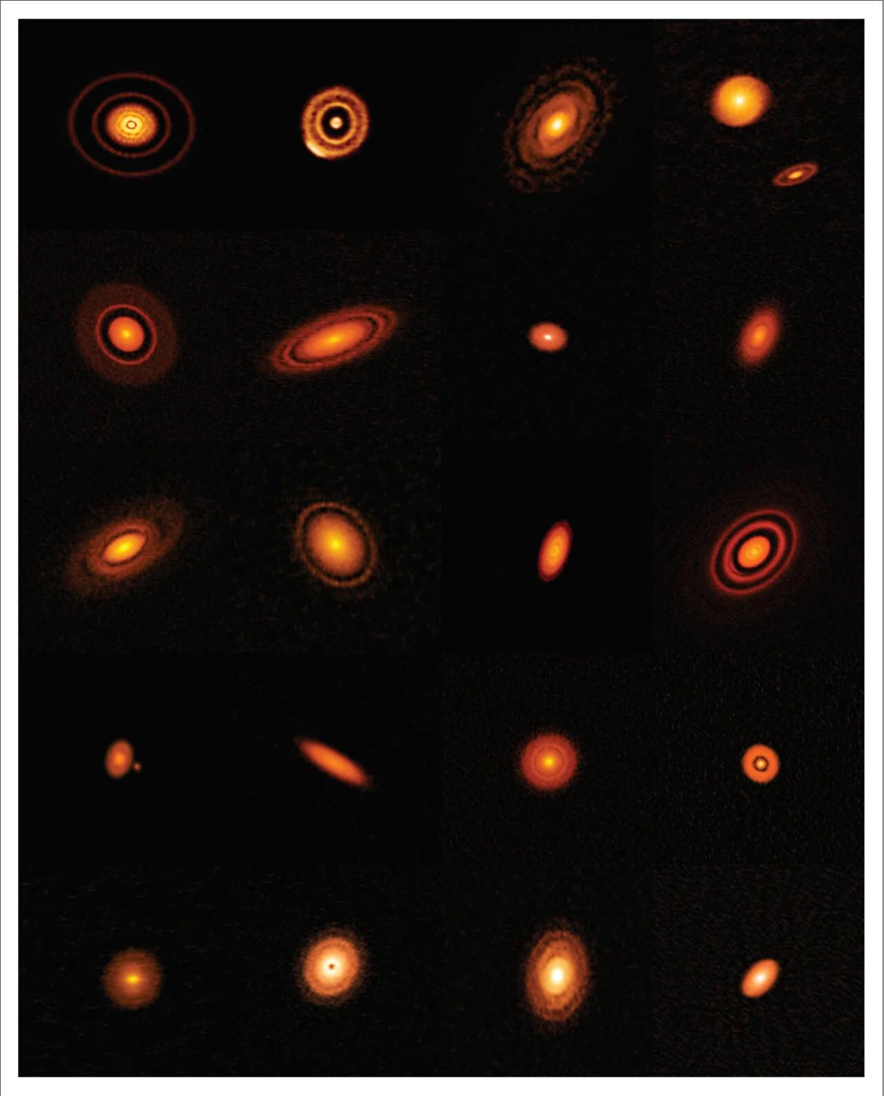 Este mosaico de ALMA reúne veinte discos protoplanetarios cercanos y muestra la extraordinaria diversidad de anillos, huecos y estructuras donde nacen los planetas.