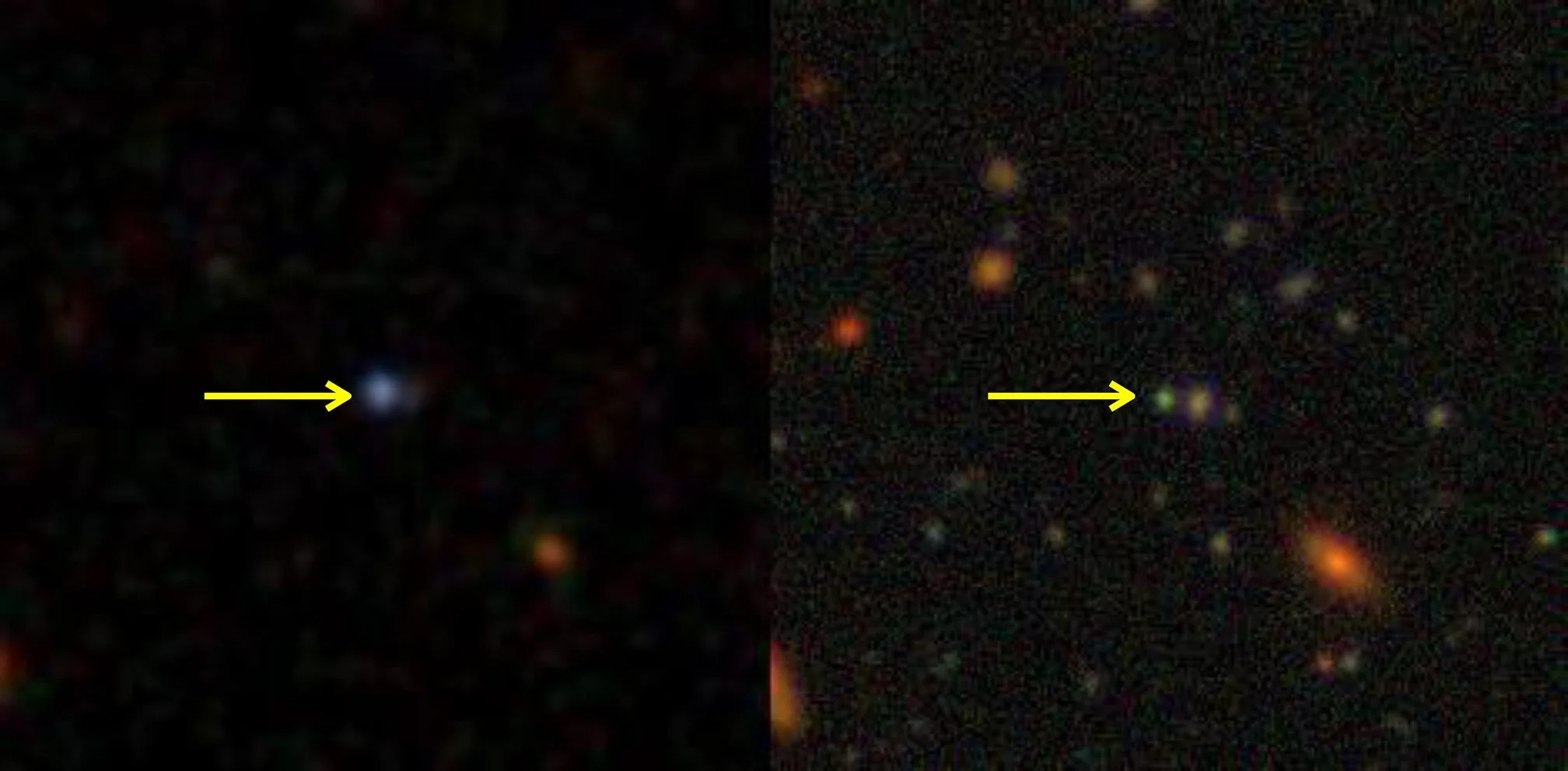 Imágenes en luz visible de la galaxia J0218−0036, a unos 10.000 millones de años luz, señalada con flechas amarillas: a la izquierda, captada por el SDSS (2002), y a la derecha por el Subaru/HSC (2018)