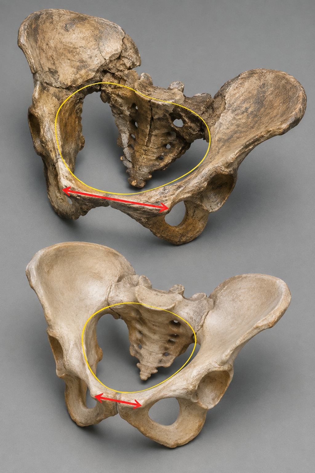Ilustración artística: comparación entre la pelvis masculina reconstruida del neandertal de Kebara 2 (arriba) y la de un varón de Homo sapiens actual (abajo).