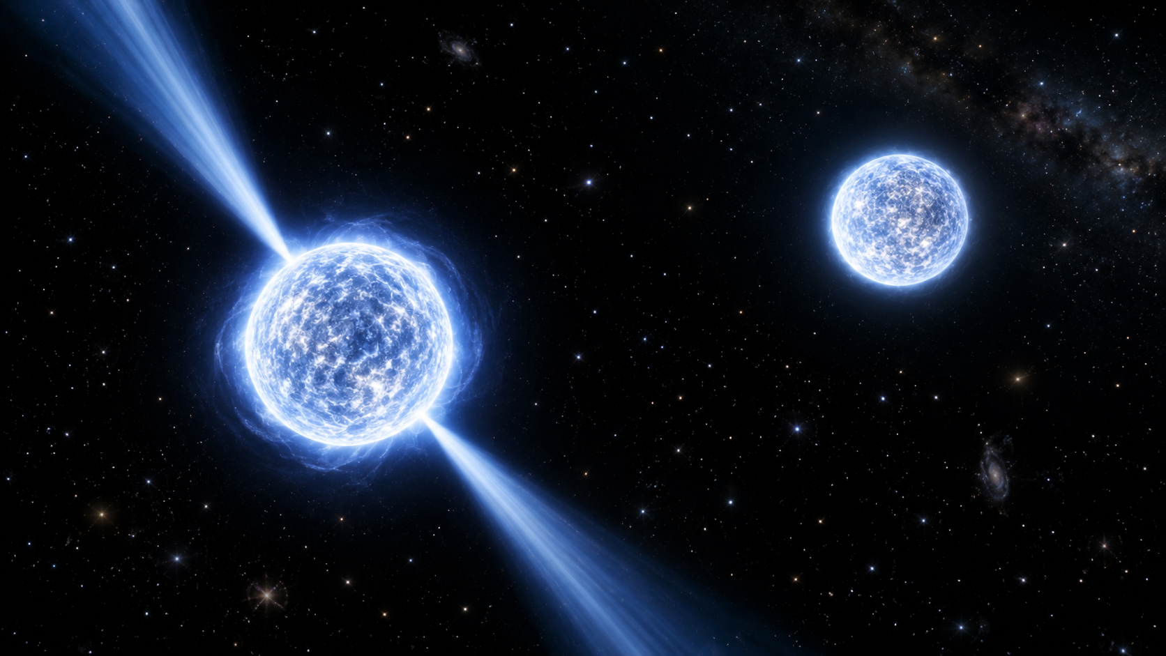 Recreación artística de PSR J1856–0039, la pareja de estrellas de neutrones con menor masa total conocida.