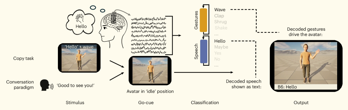 Esquema del funcionamiento del sistema en tiempo real: la actividad cerebral de Bravo-6 se envía simultáneamente a dos decodificadores, que identifican entre diez expresiones y diez gestos.