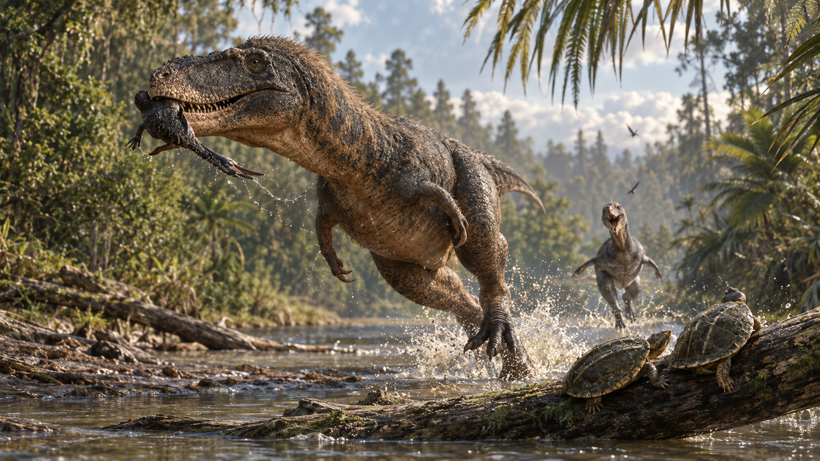 Un tiranosaurio captura un ave buceadora prehistórica en una recreación de los humedales de la Formación Hell Creek hace unos 66 millones de años.