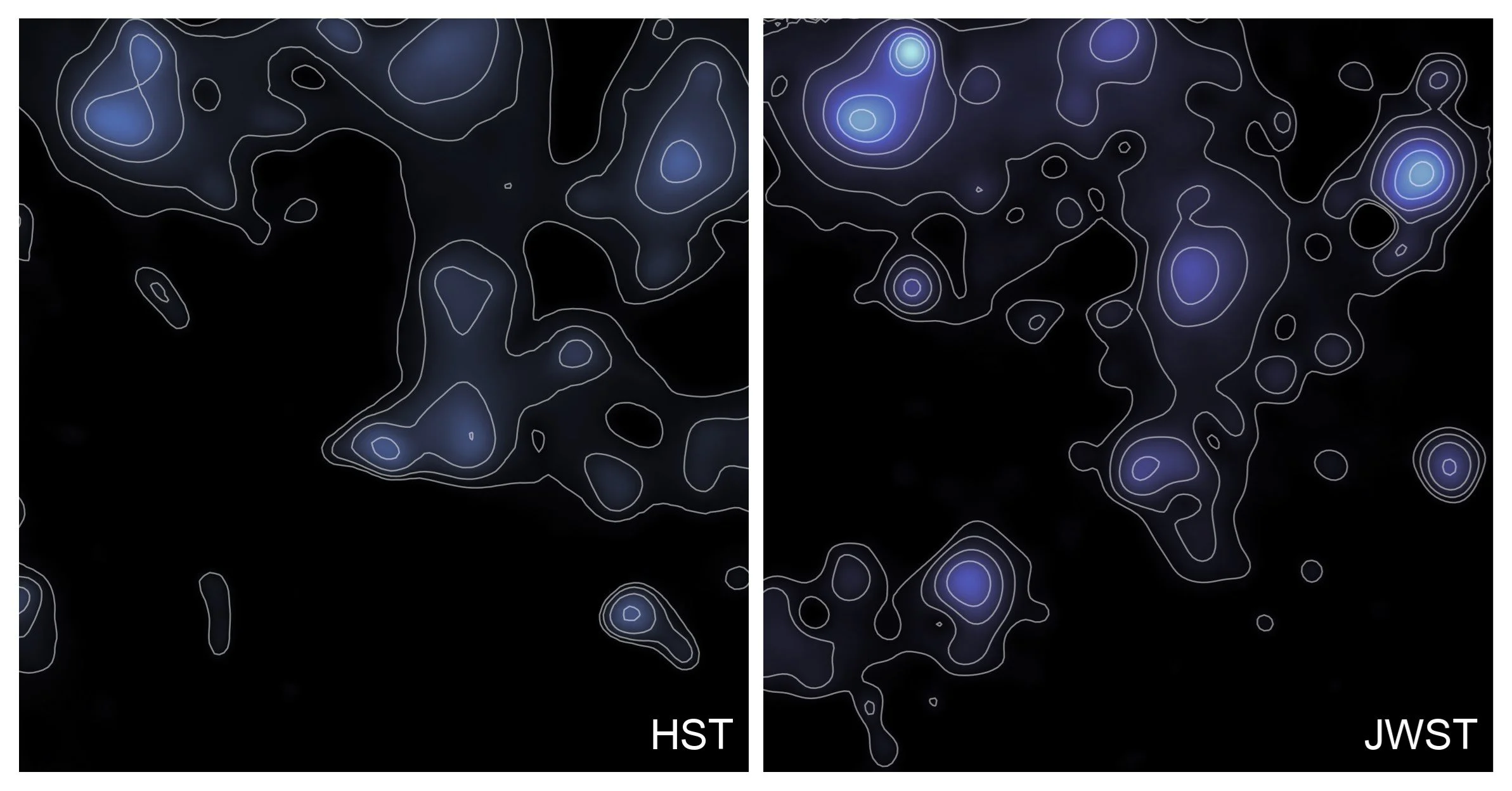 Comparación de la distribución de la materia oscura en el campo COSMOS observada por el telescopio Hubble (izquierda) y el James Webb (derecha).