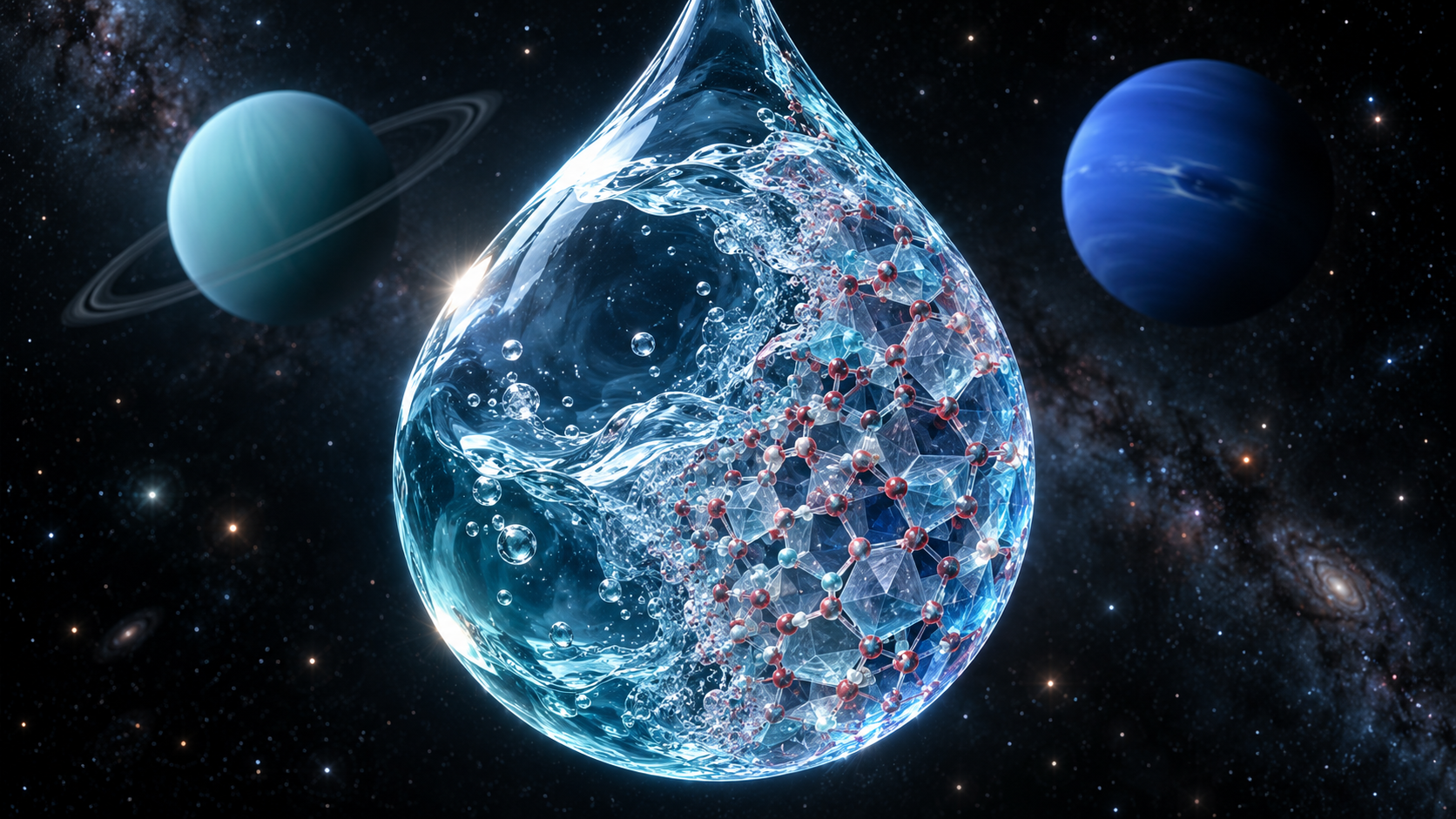 Recreación artística del agua sometida a presiones extremas. Su estructura atómica puede transformarse en formas desconocidas en la Tierra, que podrían existir en el interior de planetas como Urano y Neptuno.
