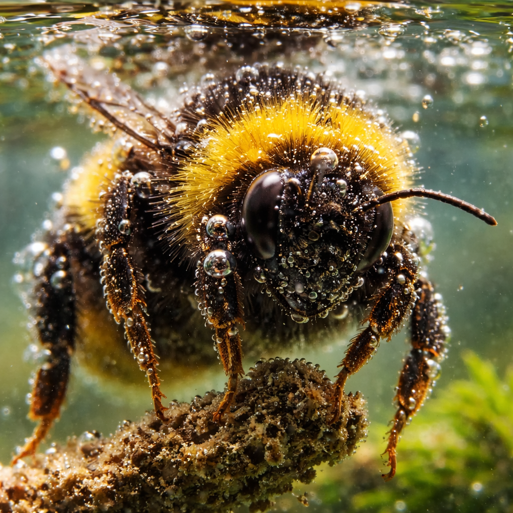 Recreación artística de una reina de abejorro sumergida bajo el agua con burbujas adheridas a su cuerpo.