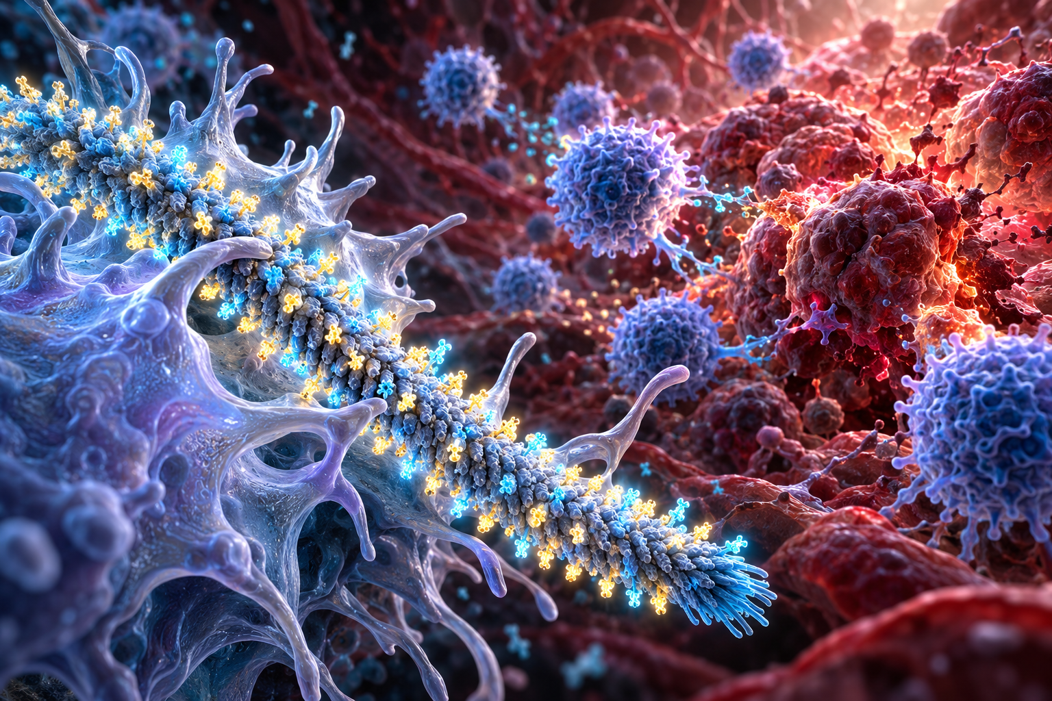 Recreación de una nanovacuna basada en el bacteriófago M13, diseñada por investigadores del MIT para activar las defensas inmunitarias contra las células cancerosas.