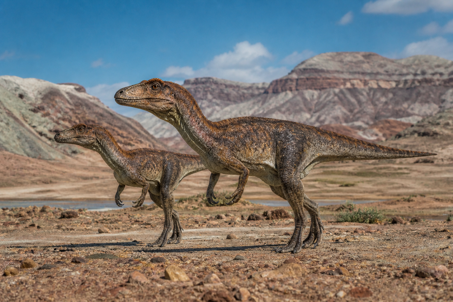Pareja de Herrerasaurus ischigualastensis en un paisaje del Triásico tardío: pequeños depredadores bípedos entre los primeros dinosaurios conocidos, que habitaron lo que hoy es Sudamérica hace unos 230 millones de años.