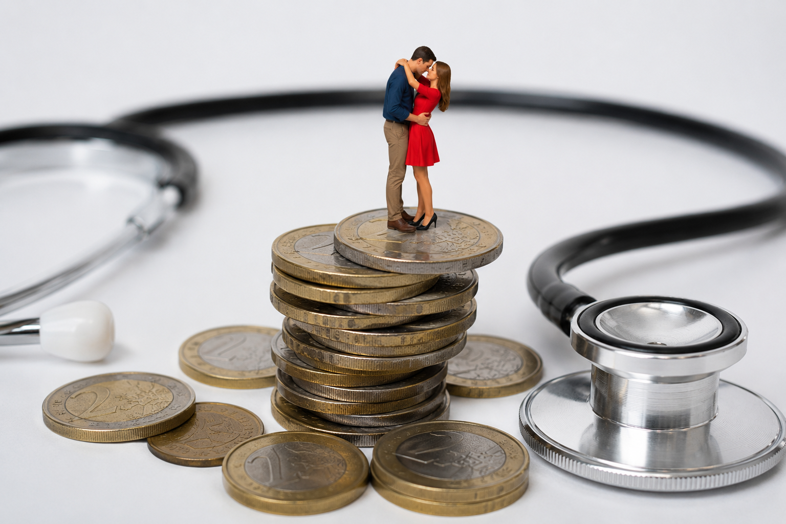 una pareja abrazándose sobre una pila de monedas junto a un estetoscopio simboliza que las relaciones sentimentales satisfactorias y la estabilidad económica contribuyen de forma independiente a la salud física, la salud mental y el bienestar