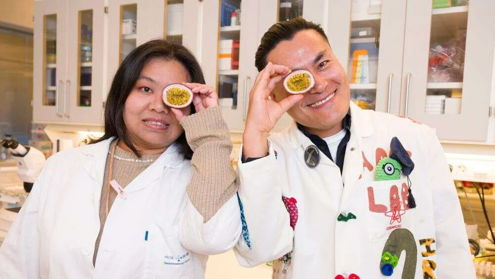 La investigadora posdoctoral Shu-qin Cao y el profesor Evandro Fei Fang-Stavem estudian la α-amirina, una molécula presente en la fruta de la pasión y otros alimentos vegetales, con potencial para proteger el cerebro frente al alzhéimer.