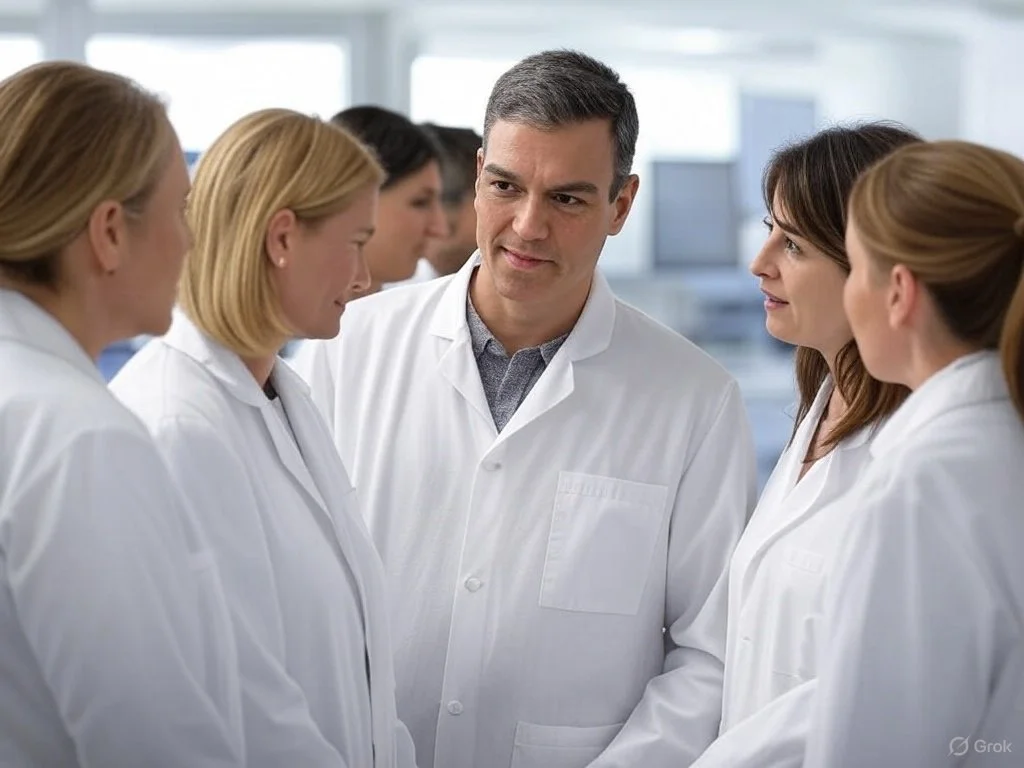 Imagen generada con IA del presidente del Gobierno español, Pedro Sánchez, hablando con un grupo de científicas.